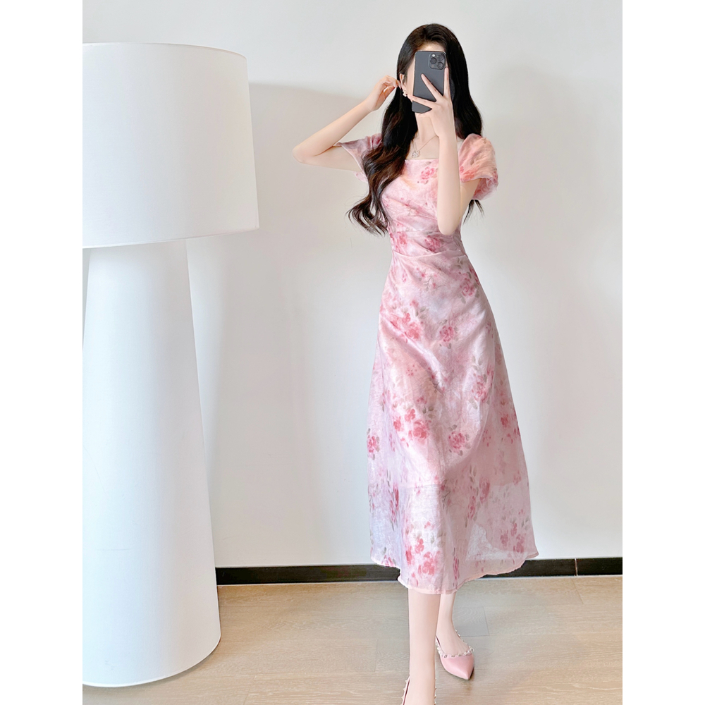 粉色碎花连衣裙女夏2025新款法式气质名媛收腰显瘦中长款方领裙子 - 图2