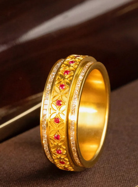 保色沙金时来运转点钻红宝石戒指可转动财源滚滚金色转运指环配饰