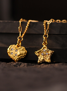 保色沙金陨石锤纹星星吊坠镶钻爱心挂坠五角星项链女百搭diy配件