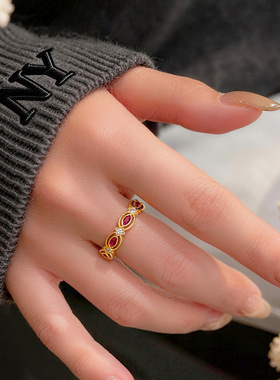 轻奢vitage复古彩宝马眼戒指 小众设计高级感沙金红刚玉开口女戒