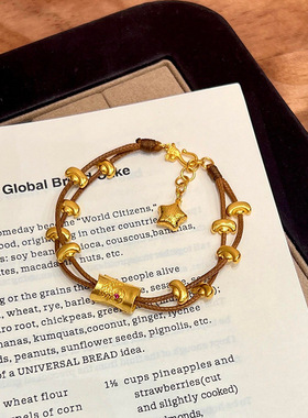 沙金招财小元宝手链新中式国潮手串高颜值手工编制皮绳女款手绳