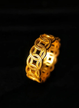 沙金古法金店同款有钱花戒指招财铜钱币指环传承镂空素圈情侣对戒