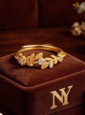 金店款月桂叶点钻麦穗戒指女 2026小众气质简约时尚轻奢沙金指环