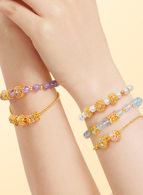 保色沙金花韵转运珠黄金色路路通珍珠串珠手链宫廷风项链diy配饰