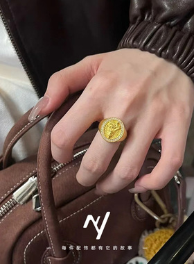 沙金古法金黄财神镀金戒指 点钻活口指环财神戒子生日礼物送女友