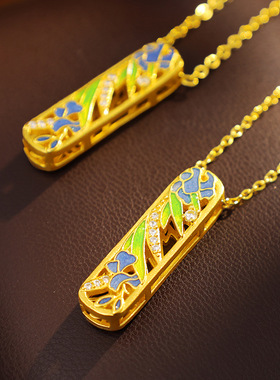 沙金锦上花吊坠新中式鸢尾花项链珐琅镶钻复古精致锁骨链