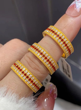 古法沙金满圈镶钻红宝石开口戒绿宝石戒指轻奢对戒设计感指环饰品