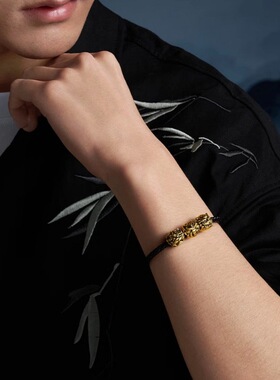 沙金黄金色独白神兽貔貅饕鬄转运珠沙金手链小串珠配件男士送老公