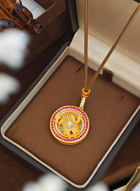 新中式国风满钻旋转宝相花蝴蝶罗盘吊坠沙金宫廷风毛衣链挂坠送礼