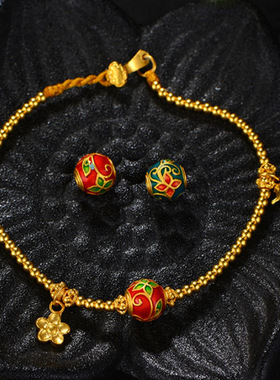 沙金黄金色古法烧蓝转运珠3D花朵福字筒珠隔珠女款红绳手链手串