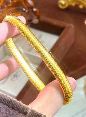 小众设计弹力竖条纹圆环手镯 叠戴中古vintage质感沙金蛇骨手环女