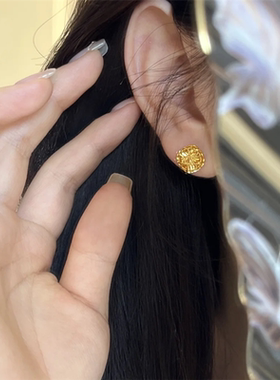 古法爆闪精湛拉丝小方糖耳钉女不掉色仿真黄金镂空小方块耳环耳饰