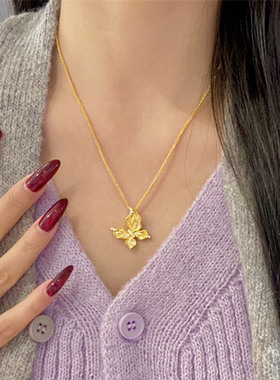 爆闪点钻金丝羽蝶黄金色项链女