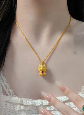 强保色麒麟献瑞吊坠项链女999黄金色招财进宝瑞兽镶钻挂坠锁骨链