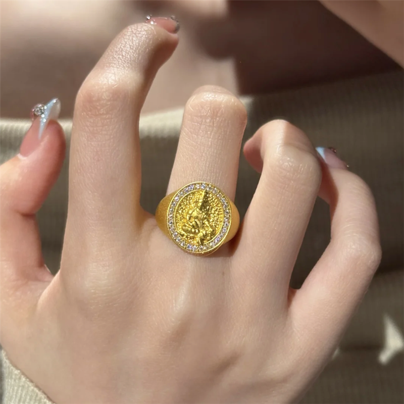 古法复古宽面黄财神戒指女黄金色镶嵌点钻招财源滚滚食指环开口戒 - 图3