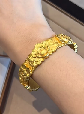 手工錾刻富贵牡丹花开口手镯女