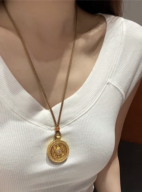 古法沙金点钻旋转八宝罗盘项链女