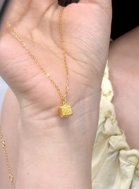 花丝拉丝爆闪小方块黄金色项链女