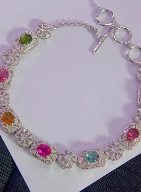 超美的七彩碧玺手链清爽糖果色火彩非常棒S925银镀金精工镶嵌