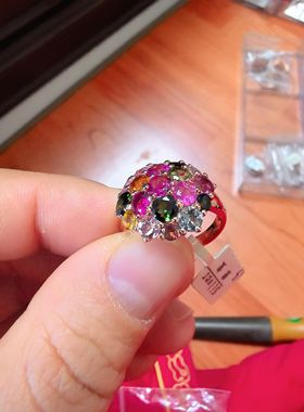 925银镀玫瑰金镶嵌天然碧玺戒指女款时尚百搭指环群镶碧玺戒指