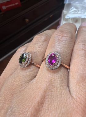 925银镀玫瑰金镶嵌天然鸽血红碧玺绿碧玺戒指戒指女彩色宝石女戒