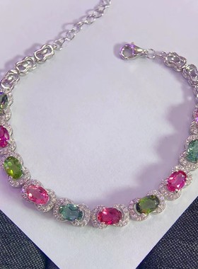 超美的七彩碧玺手链清爽糖果色火彩非常棒S925银镀金精工镶嵌