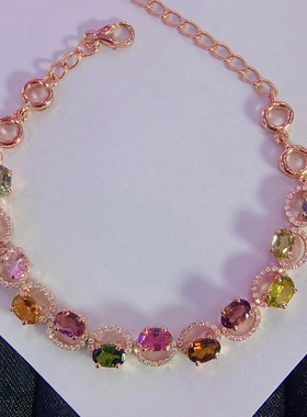 超美的七彩碧玺手链清爽糖果色火彩非常棒S925银镀金精工镶嵌