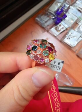 925银镀玫瑰金镶嵌天然碧玺吊坠群镶彩色碧玺戒指红绿碧玺