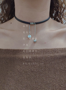 九月SHOUZUO皮绳珍珠流苏锁骨链