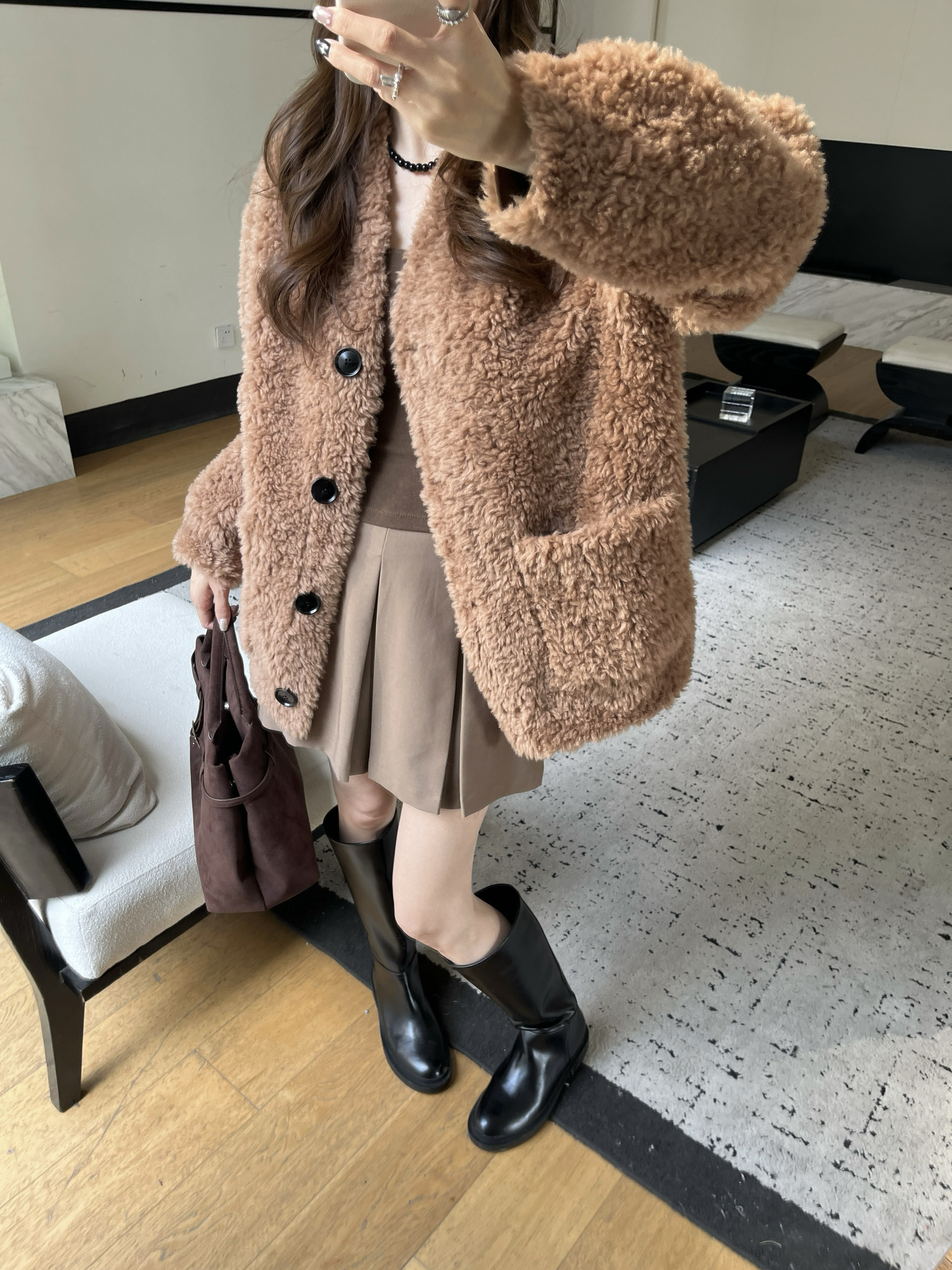 100%真羊毛皮草宽松外套女开衫大廓形羊羔毛颗粒毛休闲加厚羊剪绒 - 图3