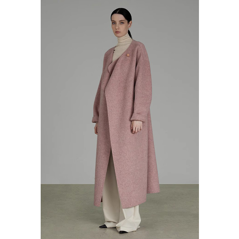 UNSPOKEN100羊毛双面呢大衣女冬高级感粉色毛呢外套中长法式复古