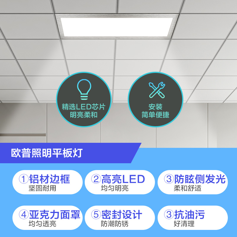 欧普照明集成吊顶led平板灯300厨房厨卫铝扣面板天花卫生间嵌入式 - 图1