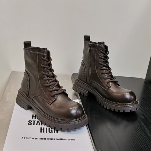 厚底增高马丁靴女2025新款秋冬加绒英伦风短靴复古百搭系带机车靴 - 图0