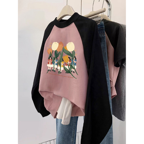 oversize大码粉色卫衣女秋冬插肩袖加绒外套ins潮闺蜜装减龄上衣 - 图3