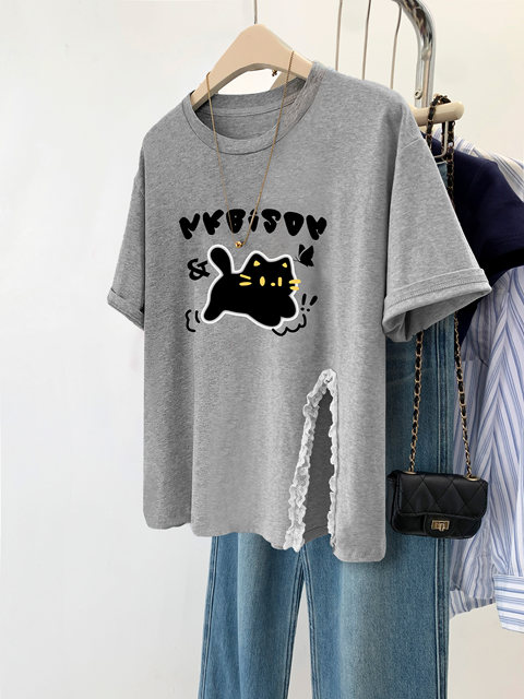 Short-sleeved summer gray slit top with irregular design