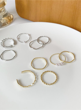 日韩ins简约波浪形网红组合戒指尾戒指多圈叠戴