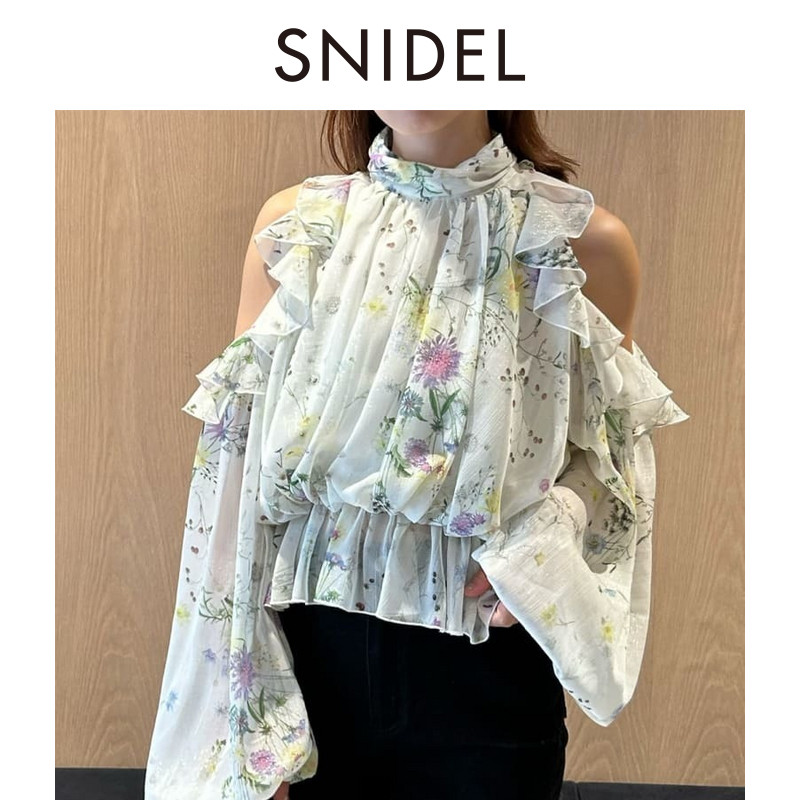 SNIDEL2025秋冬新品甜美荷叶边露肩压褶蝴蝶结系带衬衫SWFB255028,淘宝优惠券,粉丝福利购,淘宝优惠卷