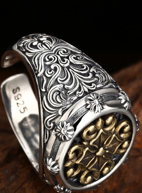 富贵鹿925纯银男士十字花戒指