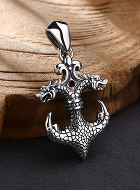 日本首饰工匠男生纯银仿古做旧双龙头船锚吊坠个性时尚锁骨链挂饰