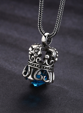 富贵鹿日本工匠纯银镶海蓝色锆石皇冠大吊坠男女款时尚复古风挂饰