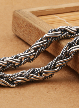 粗麻花纯银复古粗项链麻绳男士