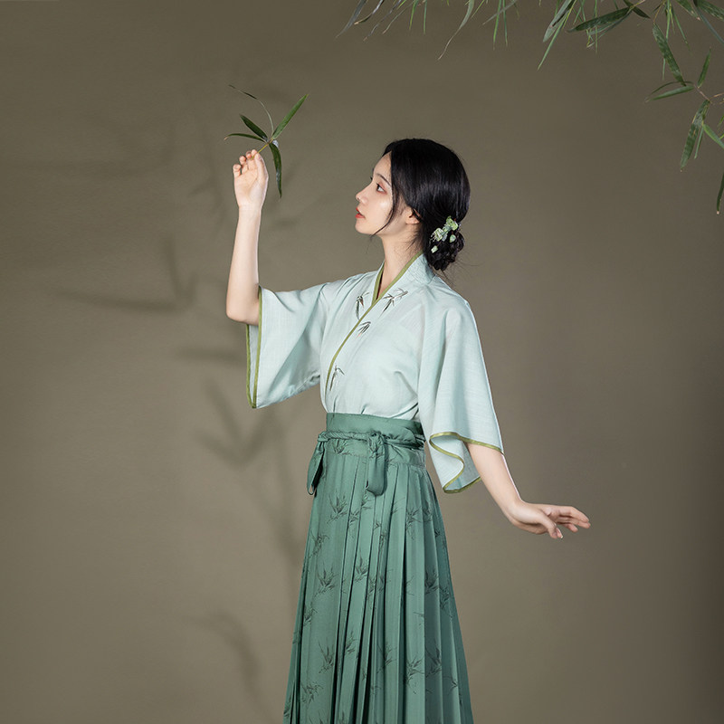 竹影深深清水溪宋制改良日常原创汉服女绿色交领上衣国风百迭裙_虎窝淘