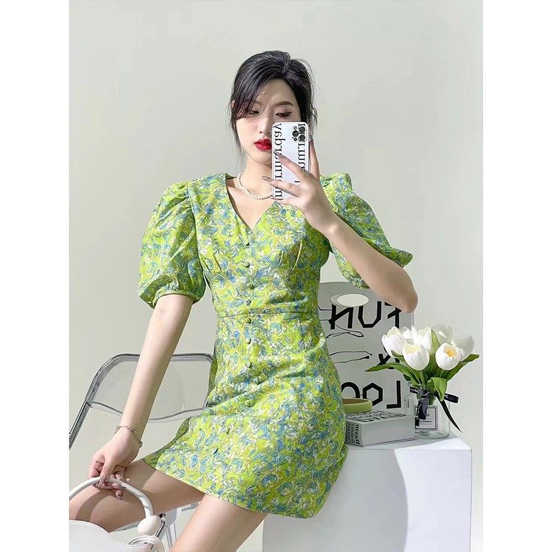 碎花裙子女夏设计气质温柔感连衣裙 咖布服饰连衣裙