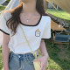 2026 Spring and Summer Contrast Color Square Neck T-Shirt Women's Low Collar Pure Desire Grey Casual Exposed Collarbone Design Short-Sleeved Top