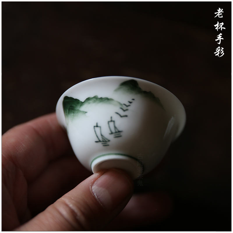 【老杯 手彩】古陶老茶鬼 潮州彩瓷 工夫杯 手绘 山上绿竹 白玉令 - 图1