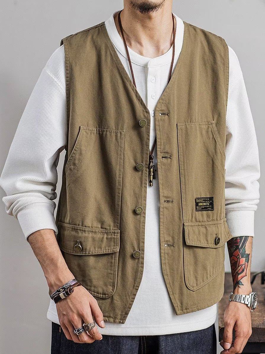 2023工装无袖马甲男日系多口袋外穿坎肩背心复古中性宽松学生外套,淘宝优惠券,粉丝福利购,淘宝优惠卷