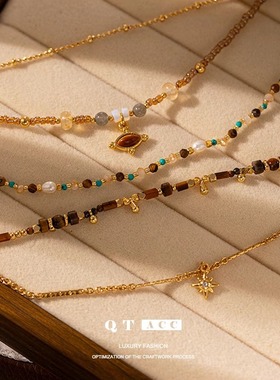 轻奢时尚复古轻奢感虎眼石吊坠串珠项链简约精致秋冬款叠戴组合女