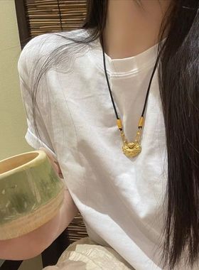 项链吊坠古法双锦鲤锁包手工编织黑绳挂坠国风项坠素款