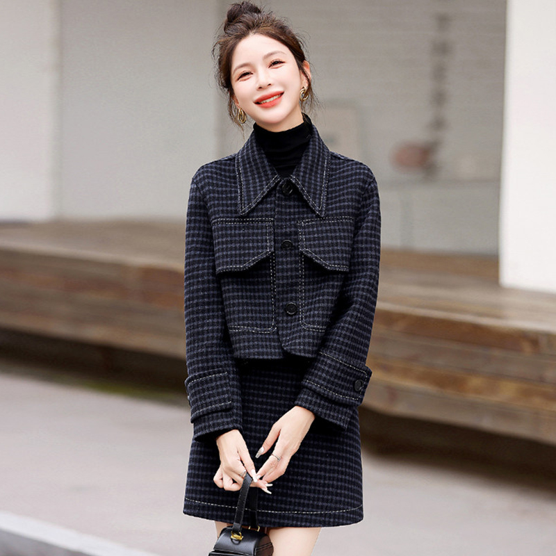 套装女秋季大码杭派单排扣格子短外套半身裙小香风双面羊毛两件套 - 图2
