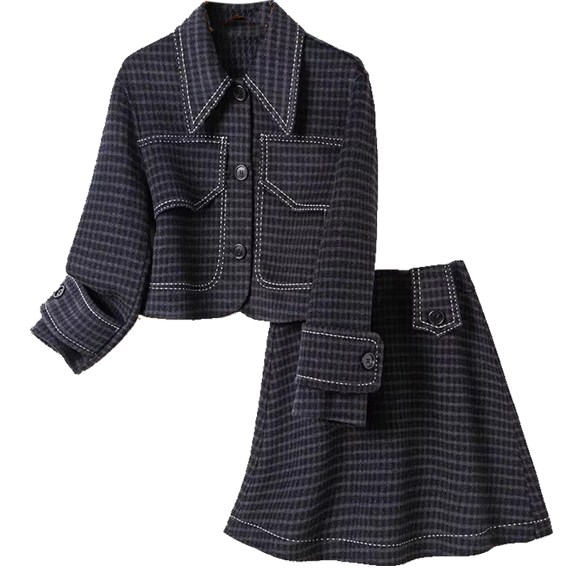 套装女秋季大码杭派单排扣格子短外套半身裙小香风双面羊毛两件套 - 图3